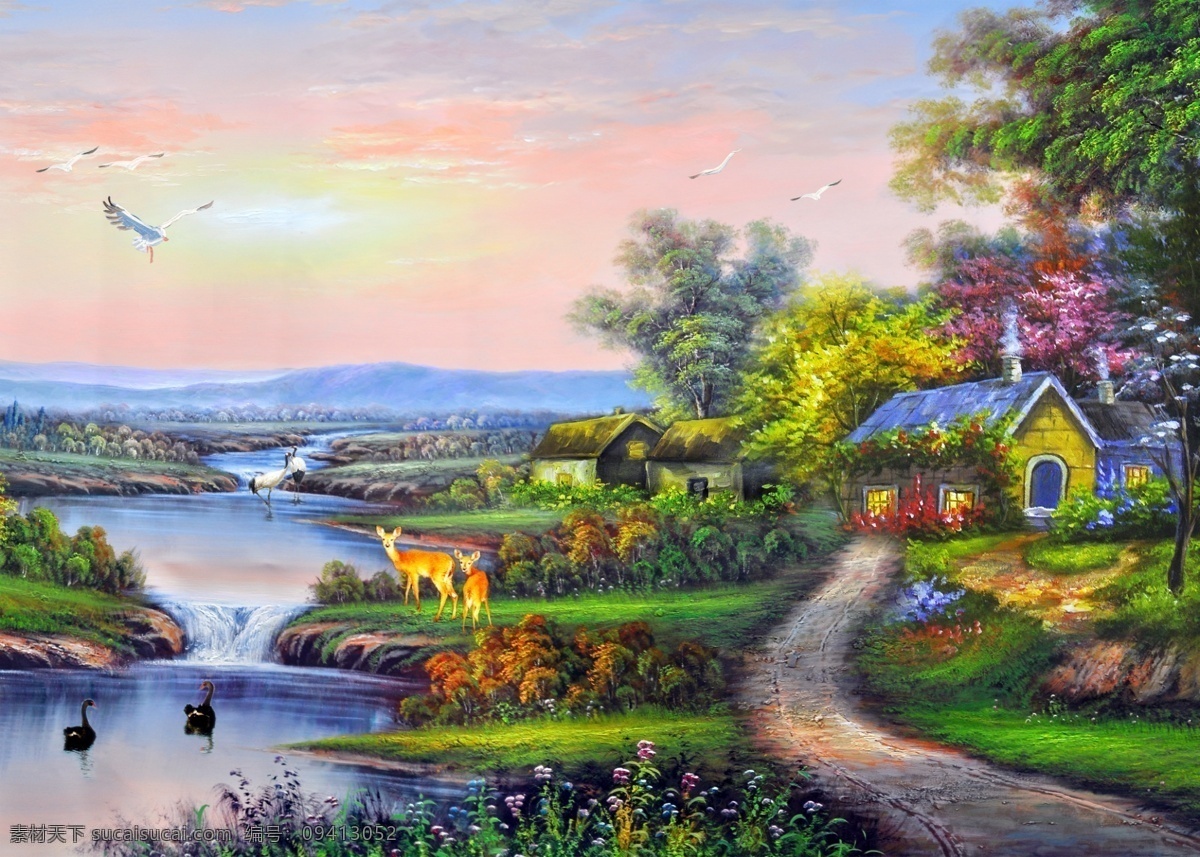 碧水 壁画 草坪 朝霞 大雁 鹅 房子 风景 风景画 油画风景 漂亮 山水 油画 模板下载 山水画 山水油画 油画山水 风景油画 装饰画 手绘 流水 河流 树 树林 红叶树 黄叶树 松树 鲜花 绿草 仙鹤 梅花鹿 鸭子 茅屋 小路 石头 霞光 祥云 云彩 蓝天白云 世外桃园 奇山异水 人间仙境 方 画 装饰素材