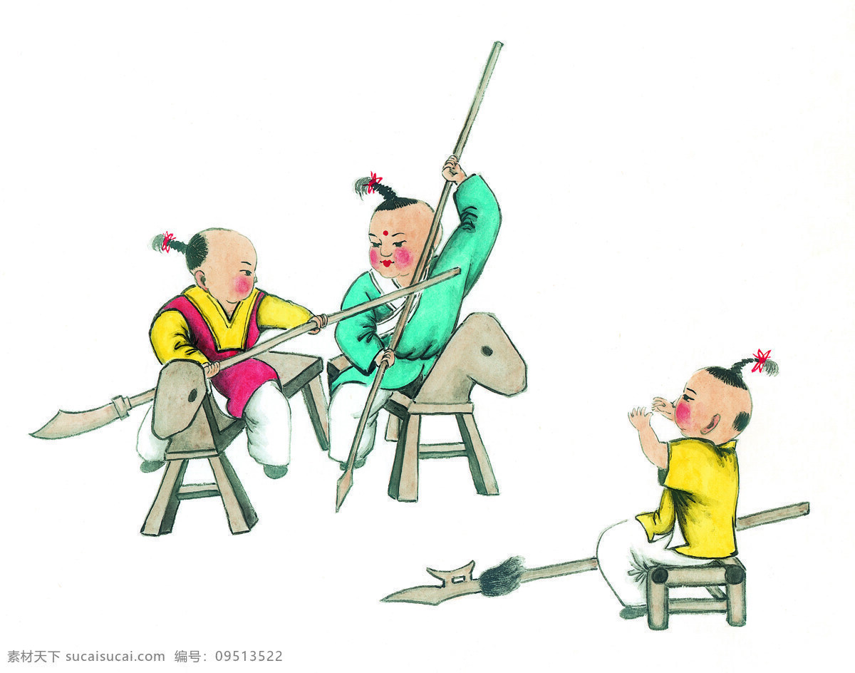 玩耍 儿童 水彩画 水墨画 中国画 国画 绘画艺术 传统文化 古典 人物绘画 孩子 童子 武器 木马 书画文字 文化艺术
