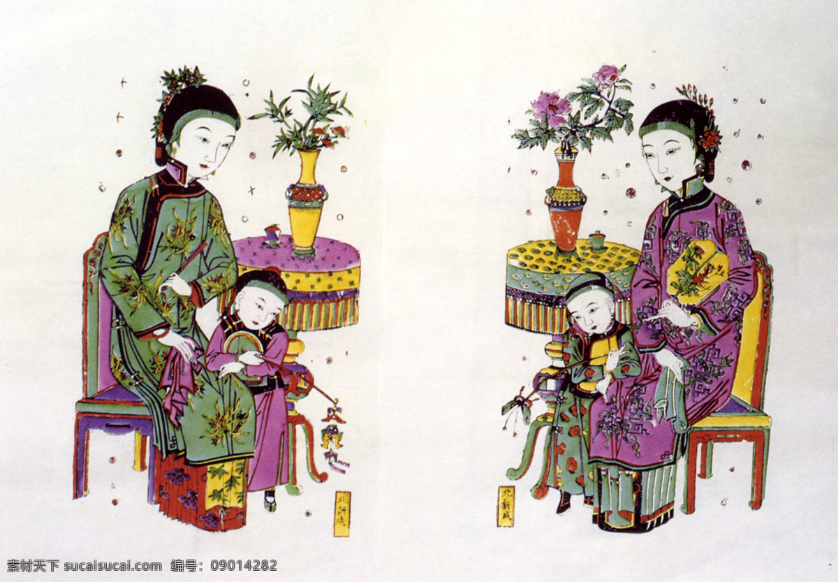 母子图 古代艺术 中国 美术 绘画 彩绘 手绘 母子 童子 母亲 座椅 扇子 依偎 白色
