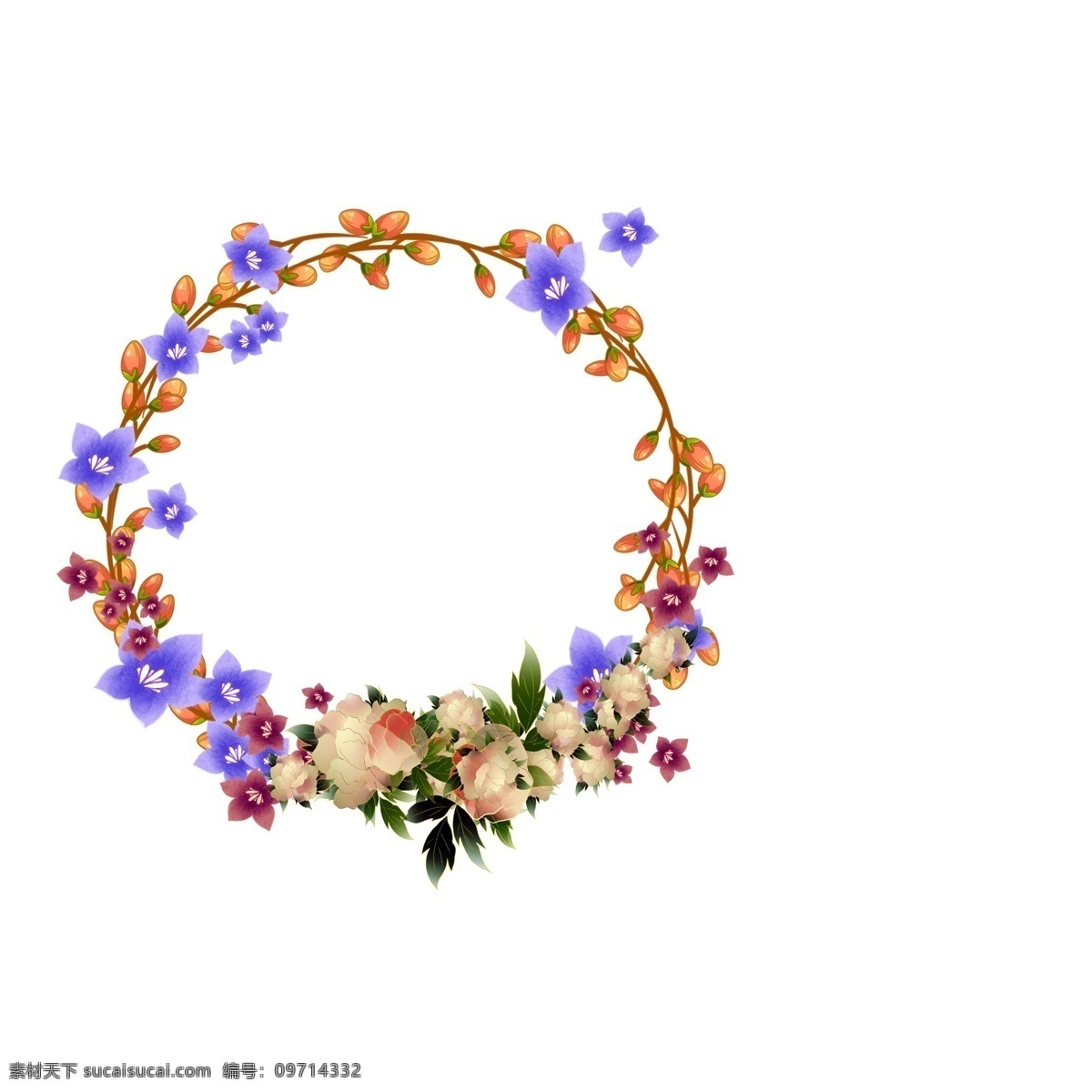 野花 花环 装饰 插画 紫色的花环 野花花环 漂亮的花环 花环装饰 花环插画 立体花环 卡通花环