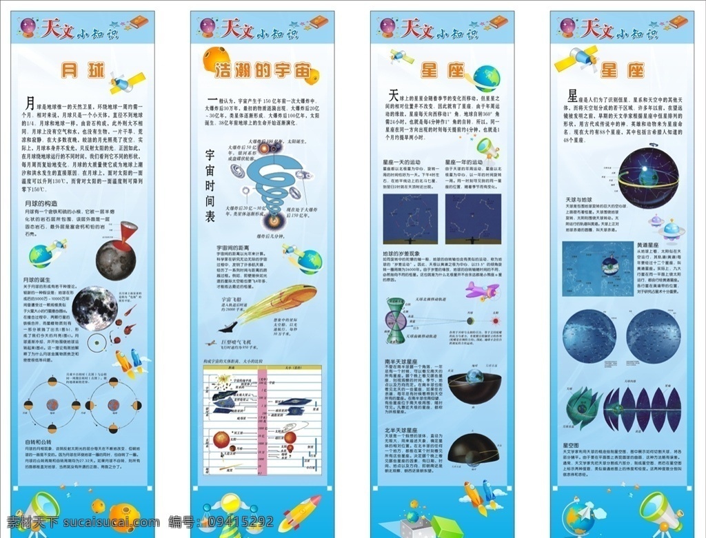 天文知识展板 天文小知识 展板 海报 蓝色背景 星球 望远镜 地球仪 火箭 展板模板