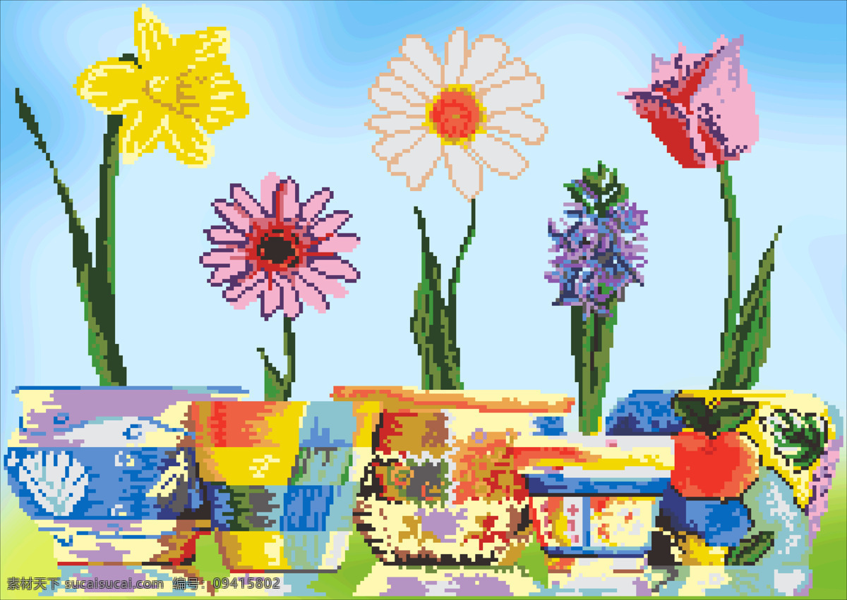 缤纷生活 花朵 菊花 兰花 梅花 牡丹 花瓶摆件 钻石画 青色 天蓝色