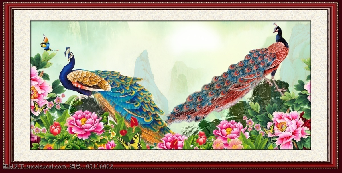 花鸟画 蝴蝶 花 花朵 牡丹 孔雀 国画山水 远山 中国画 中堂画 客厅画 大厅画 有框画 家居装饰画 室内装饰画 休闲场所装饰 挂画 墙画 壁画 画框 相框 镜框 边框 古典相框 分层 源文件
