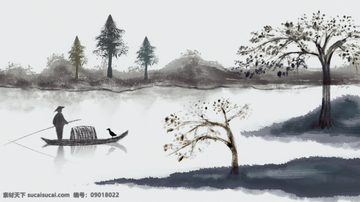原创 水墨 山水 中 国风 简约 意境 插画 湖面 渔船 枯树 水墨插画 中国风插画 寂静