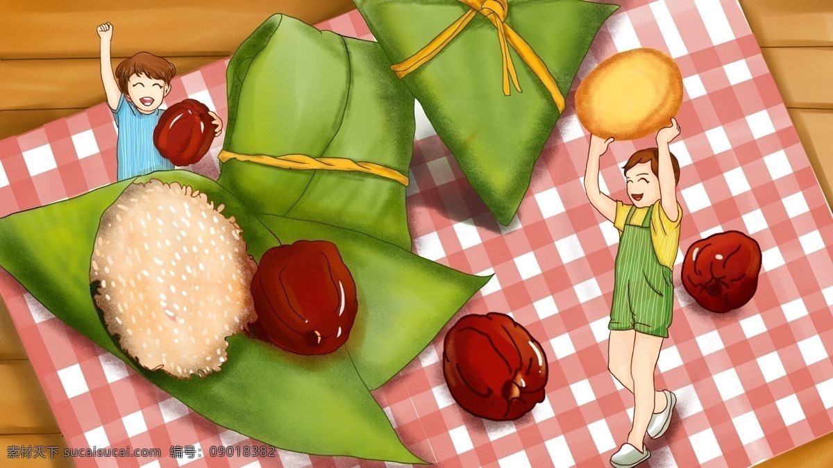 端午节 小 男孩 齐心协力 包 粽子 手绘男孩 兄弟 插画 原创 桌布 桌子 红枣