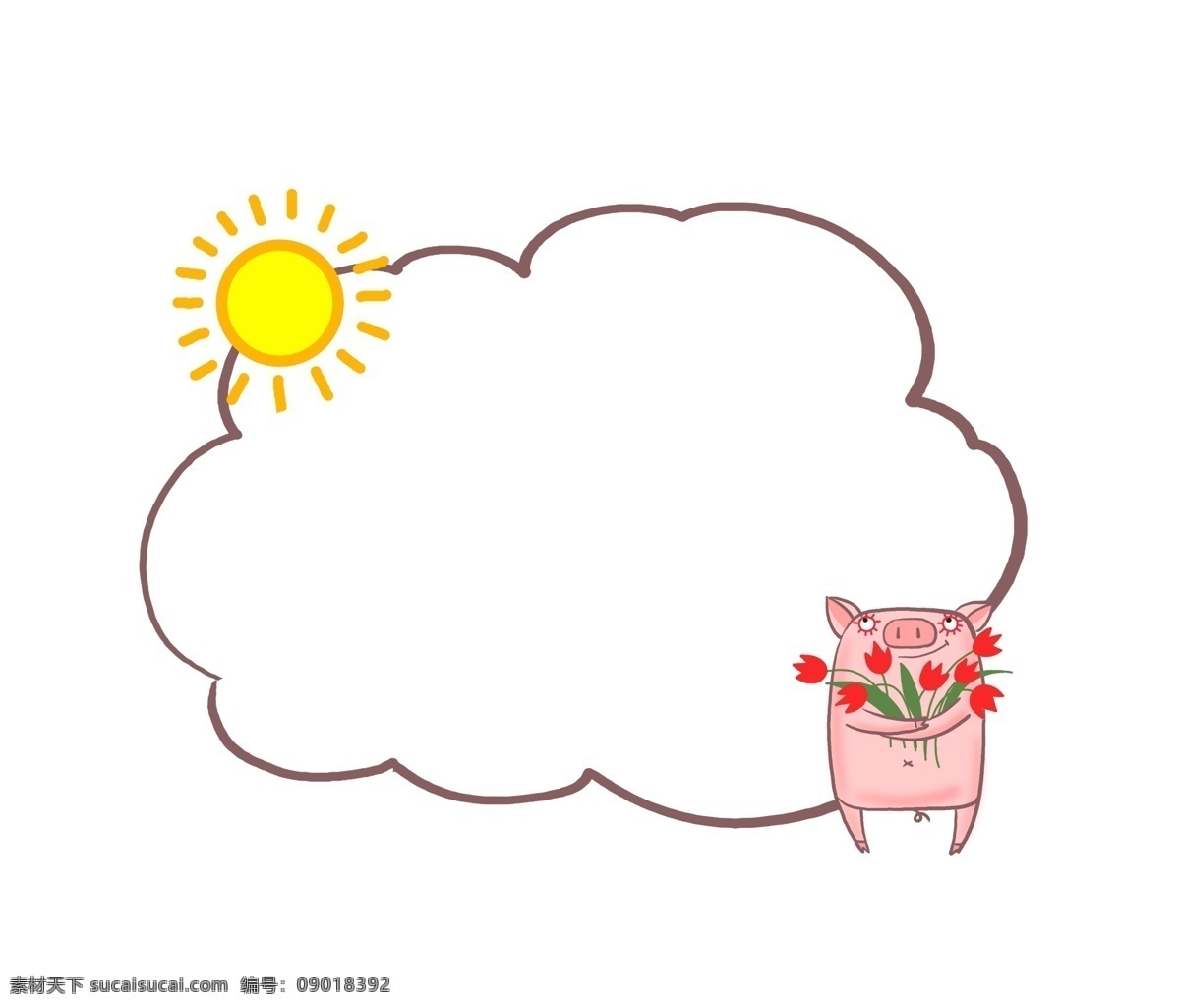 小 猪 花花 对话框 插画 小猪对话框 黑色的对话框 太阳对话框 黄色的太阳 可爱的对话框 红色小花