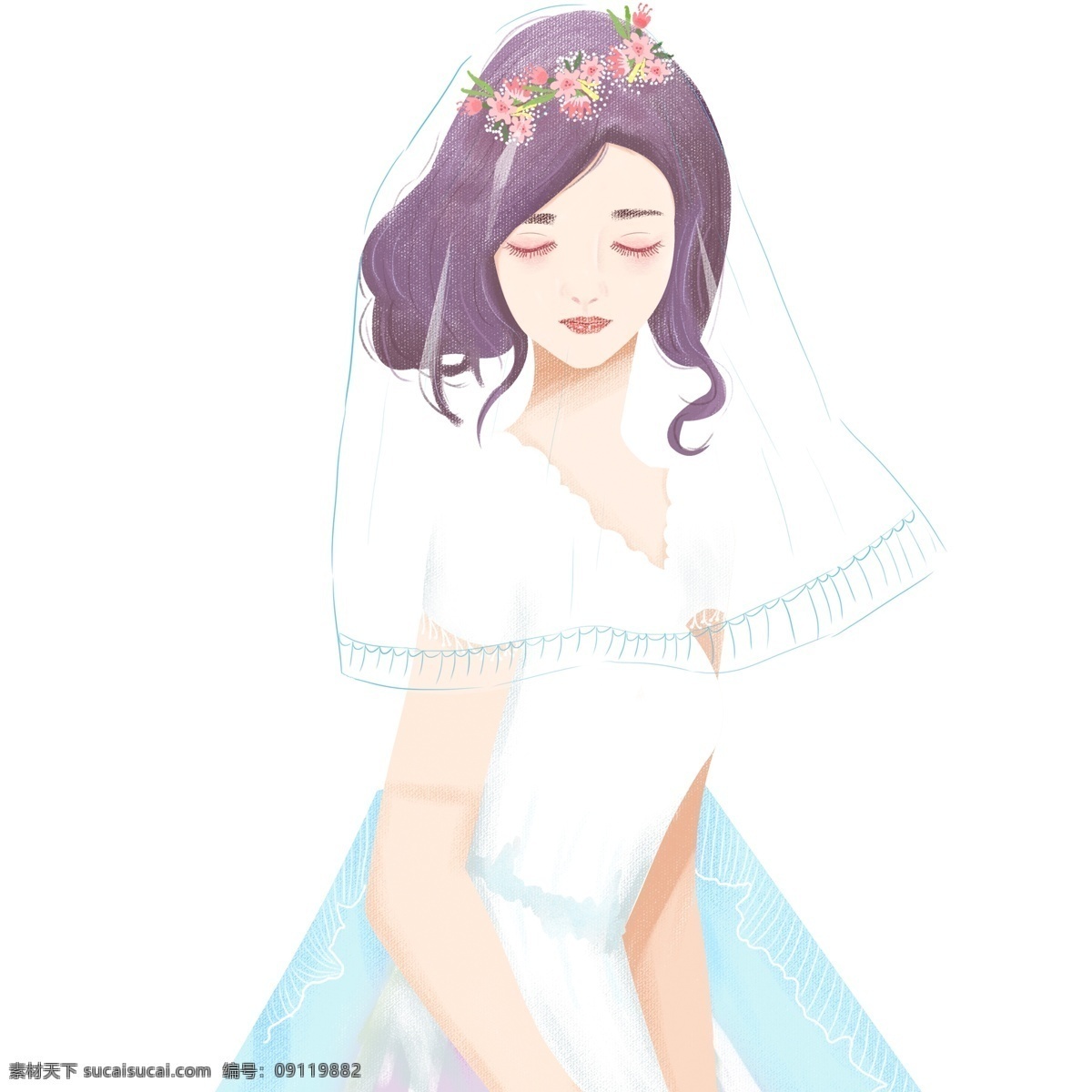 浪漫 温馨 穿 婚纱 新娘子 手绘 女孩 新娘 人物 插画 头纱