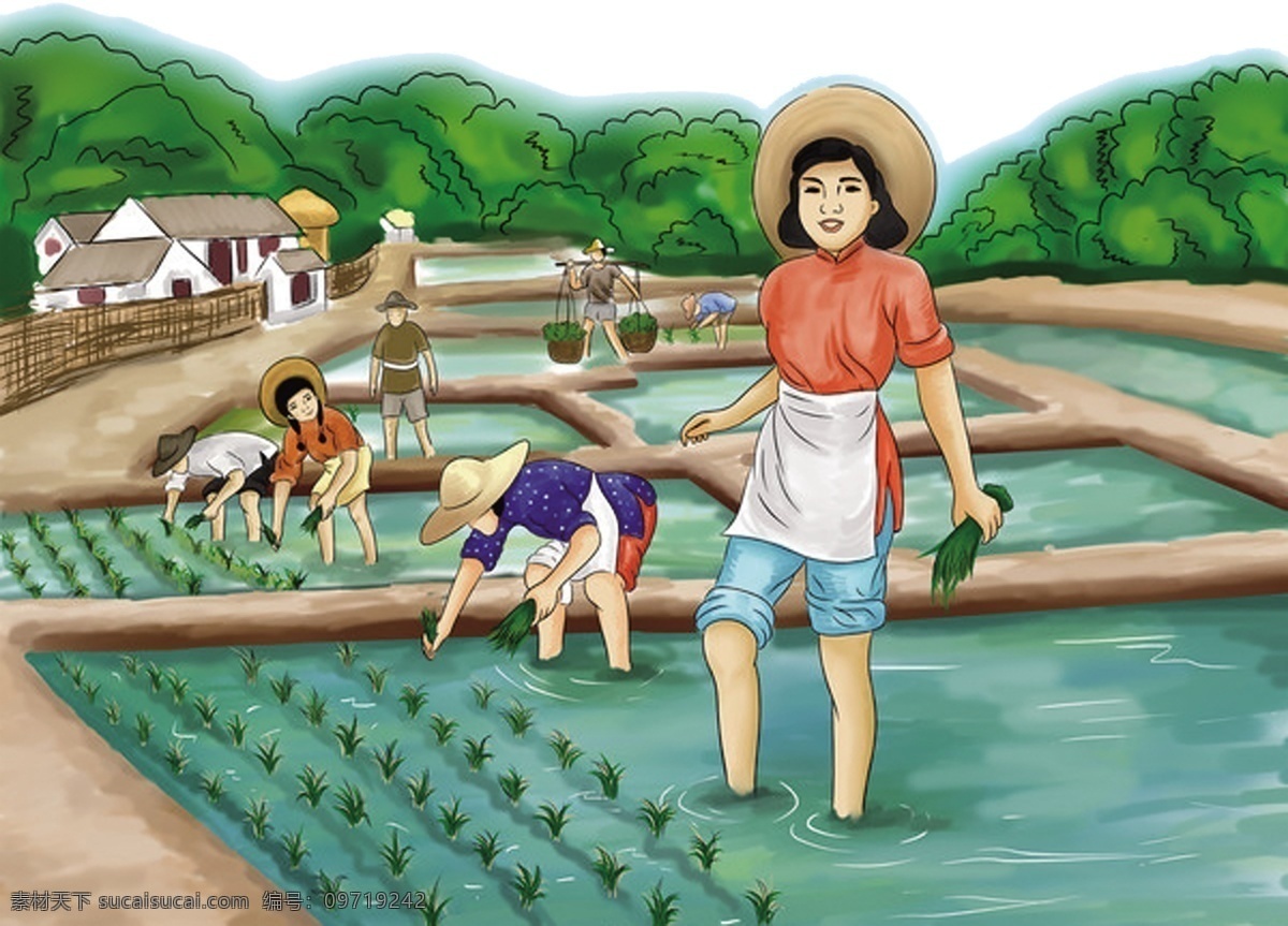 农民劳作 插秧 稀少手绘素材 种田 古图 手绘 水稻 稻谷 水田 田地 秧苗 大米 包装 丰收 勤劳 劳动 妇女 草帽 辛苦 包装设计