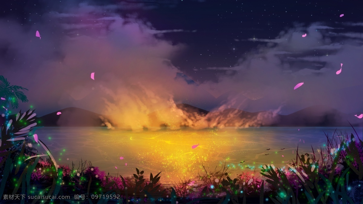 唯美 夏季 晚安 美景 背景 晚安背景 晚安素材 花瓣 夏天 彩绘背景 手绘背景 通用背景 促销背景 背景图