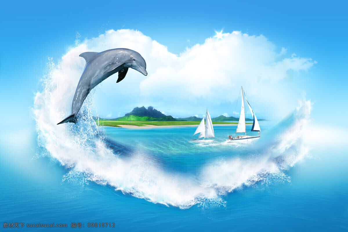 大海 鲸鱼 帆船 组成 心形 心形海洋 山 草地 心型 爱心 海滩 船 海洋 海边 海浪 海潮 高清图片 海洋海边 自然景观 白色