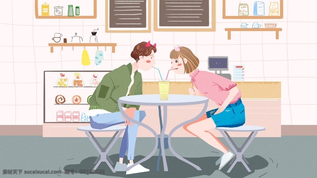 情侣 日常 甜品 店 约会 插画 甜蜜 糕点 甜点 手绘插画 情侣日常 甜品店 少女心 表白季