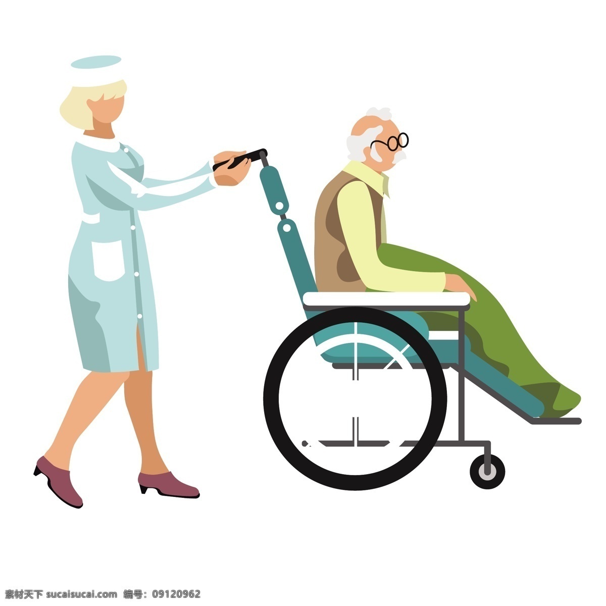 推 老人 护士 矢量 推车 推着老人 卡通 卡通老人 卡通护士 卡通医护人员 轮椅 卡通轮椅