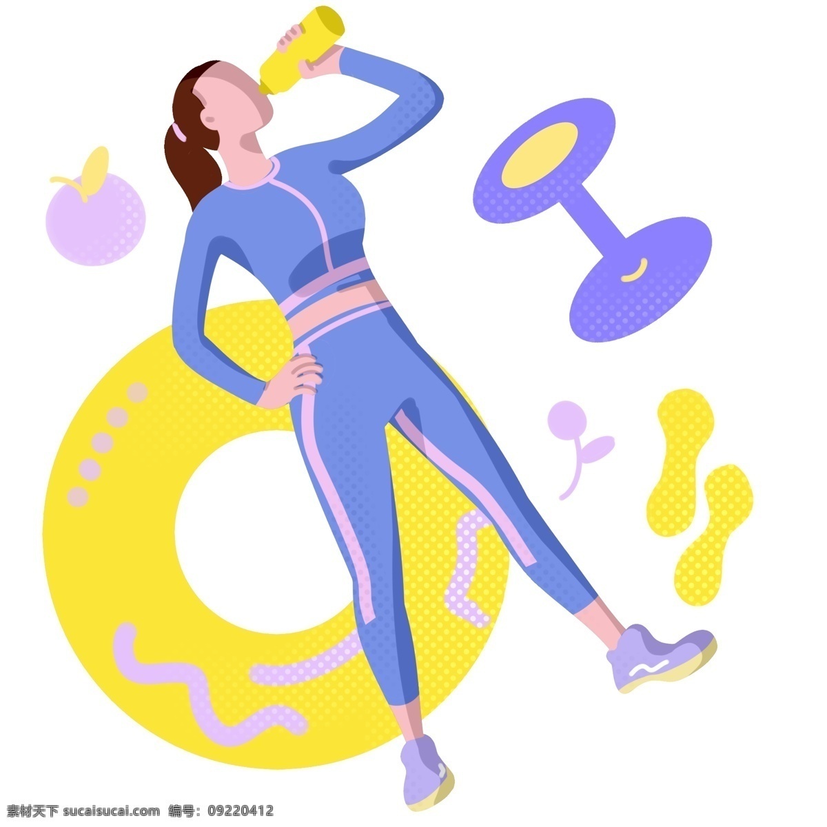 运动 健身 补水 插画 喝水的女孩 卡通插画 健身插画 运动插画 运动器材 运动器械 健身的女孩