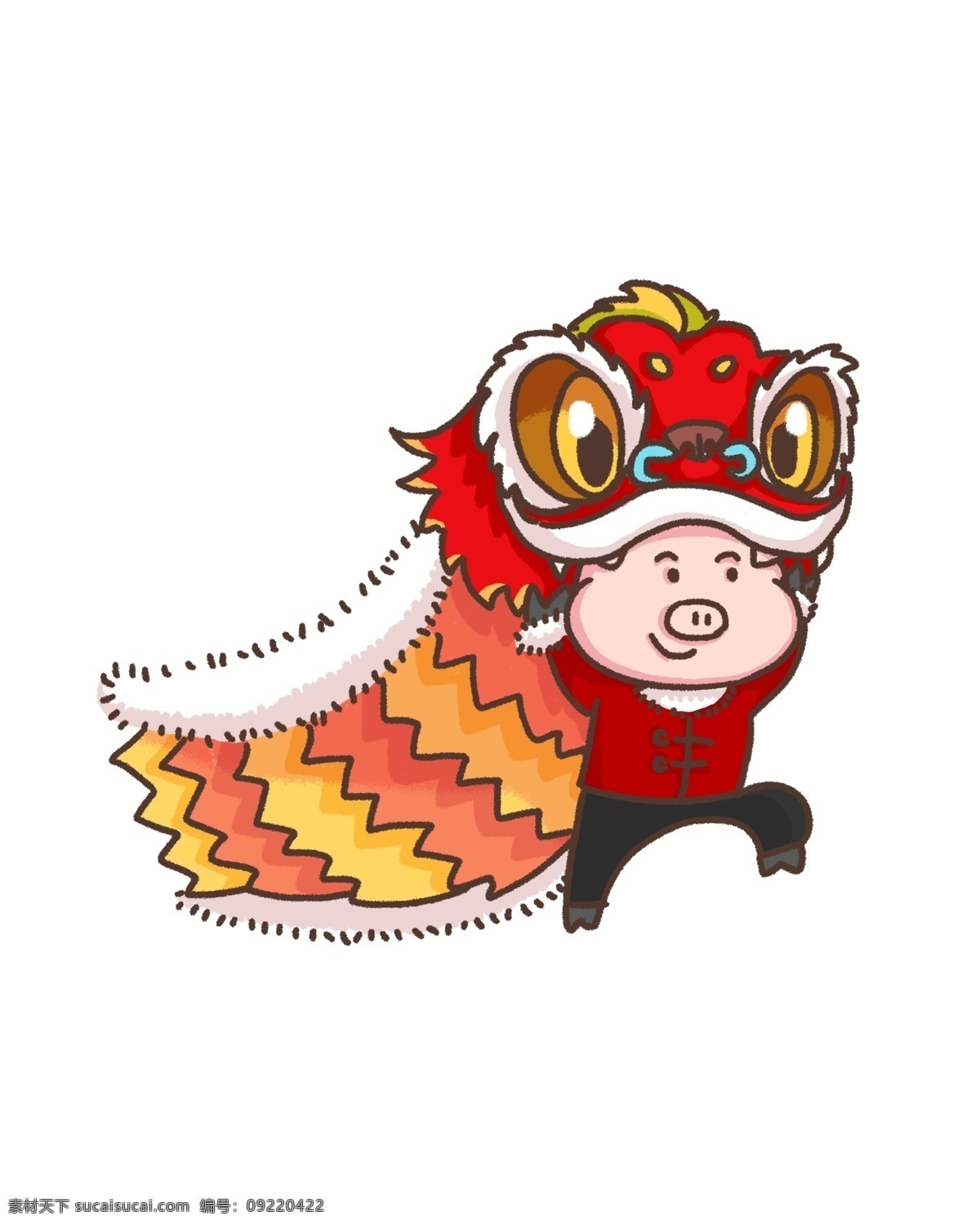 春节 卡通 猪 舞狮 手绘 红色 元旦 新年 2019 猪年 农历新年 喜庆 可爱猪 卡通q版 png免抠