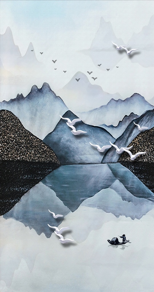 水墨 山水 海鸥 白鸟 抽象 水墨山水 背景墙 玄关 竖版 无框画 国风 中国风 装饰画 共享 分层