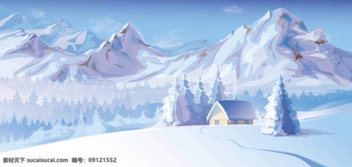 美丽 雪花 矢量 背景 冬天 景观 山 松树 雪 住房 美丽的 矢量图 花纹花边