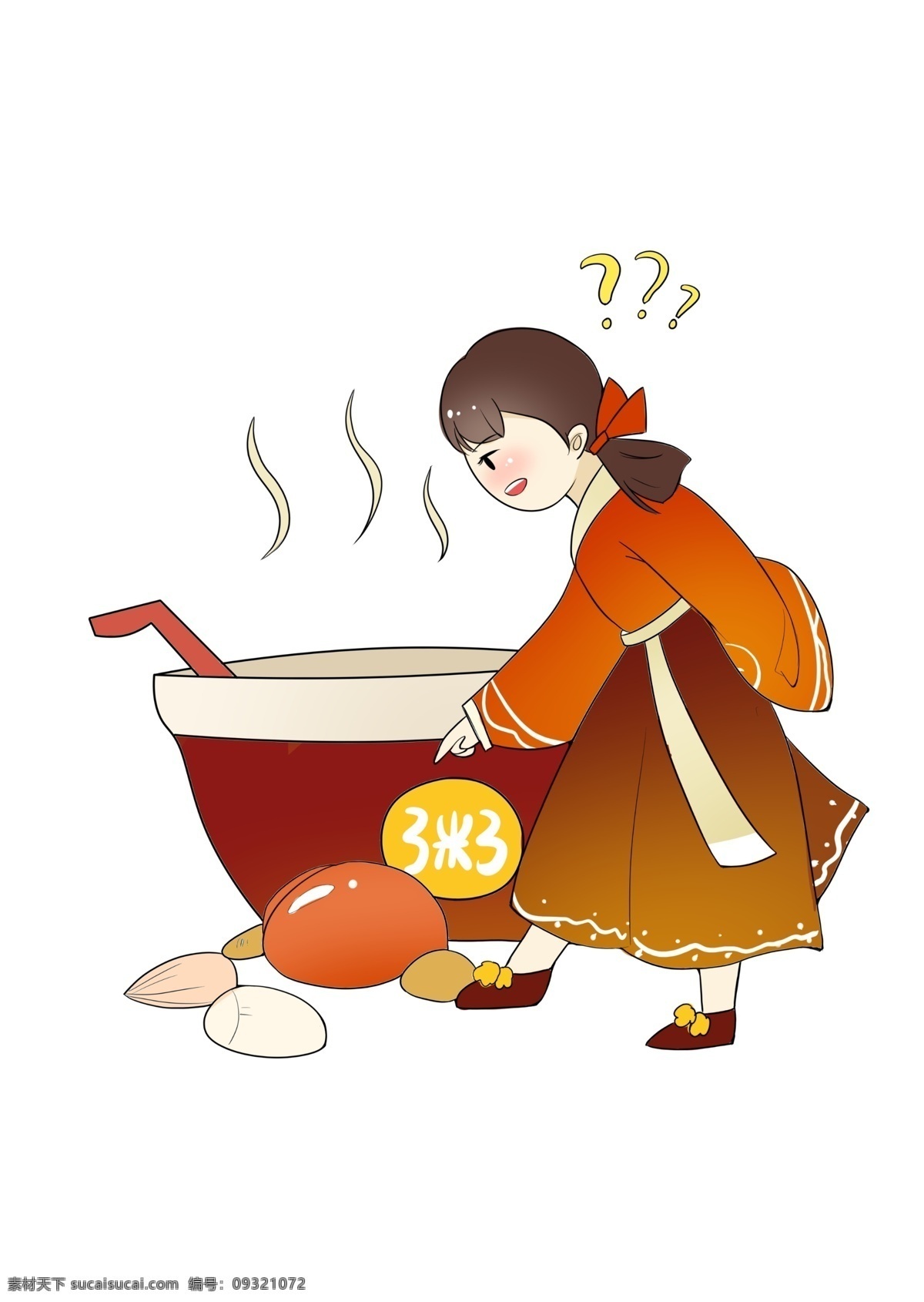 美丽 小姑娘 熬 粥 插画 冒着热气的粥 棕 白相 间 大碗 穿 裙子 小女孩 棕色的勺子 腊八 蒜 热气