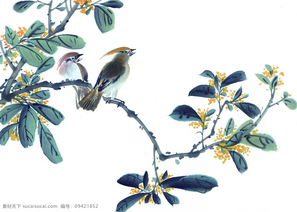 动物免费下载 动物 花丛 喜鹊 小鸟 油墨画 中华艺术绘画 文化艺术
