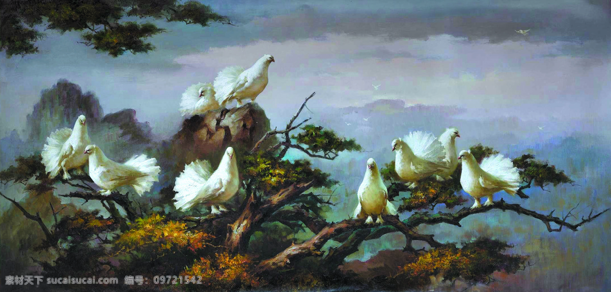 白鸽子之恋 美术 油画 风景 白鸽 树木 山岭 山野 文化艺术 绘画书法