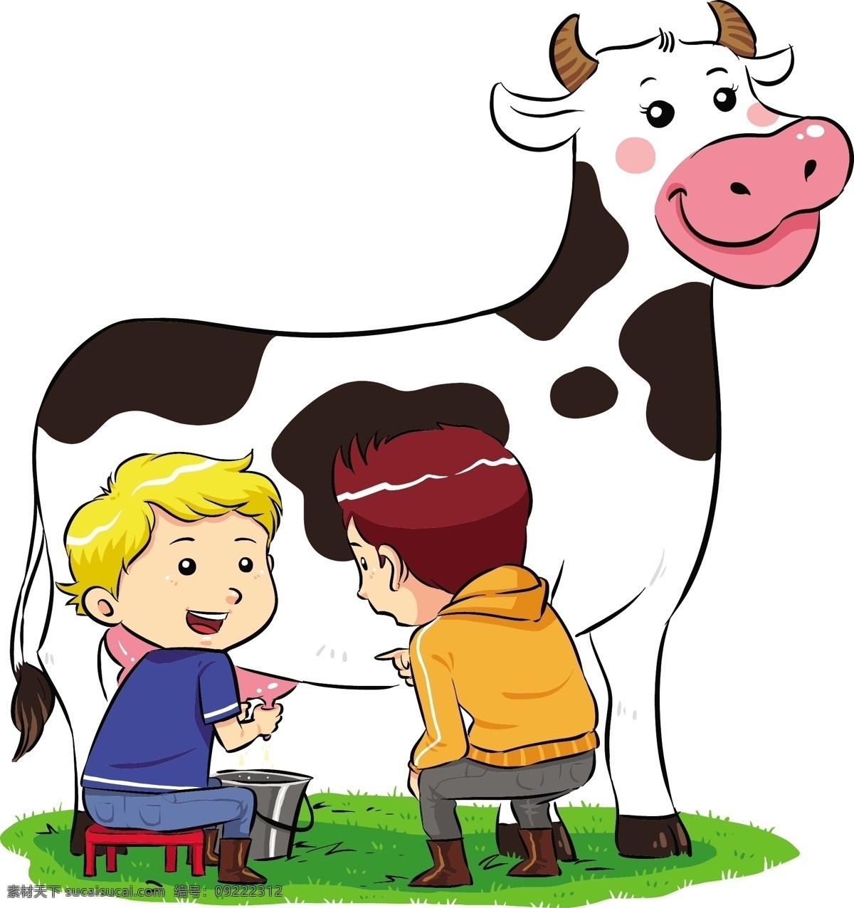 卡通 外国 小 男孩 挤 牛奶 漫画插画 卡通动物 卡通奶牛 挤牛奶 卡通小男孩子 小朋友 动物 漫画动物 平面素材