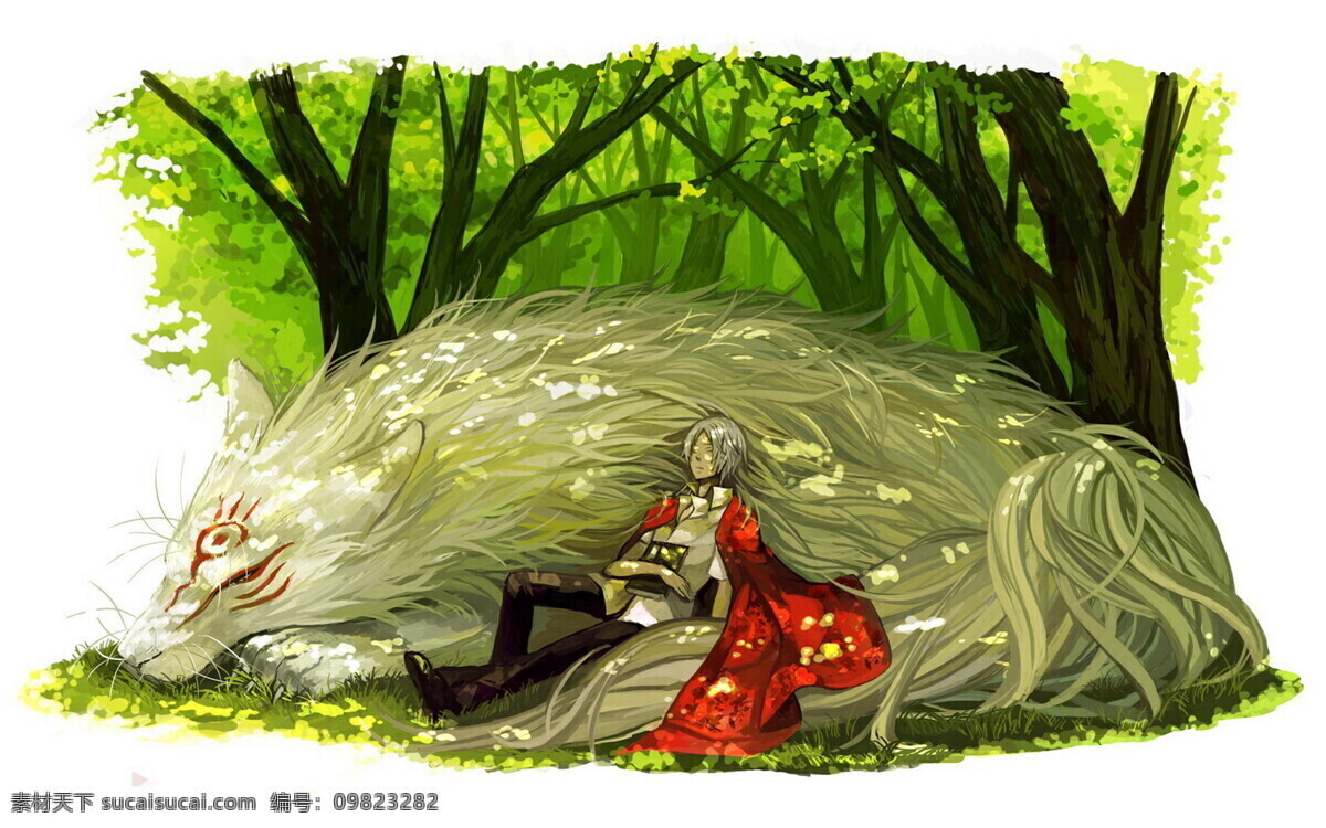 夏目 友人 帐 绿色 白色 红色 森林 头发 卡通 动漫 可爱