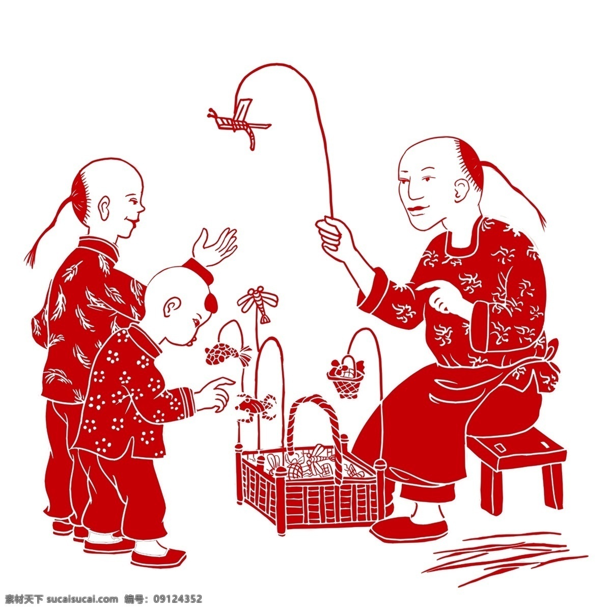 手绘 过年 剪纸 中国 风 传统 节日 中国风 孩子 玩具 红色 喜庆 快乐 吉祥 高兴 幸福 2019年