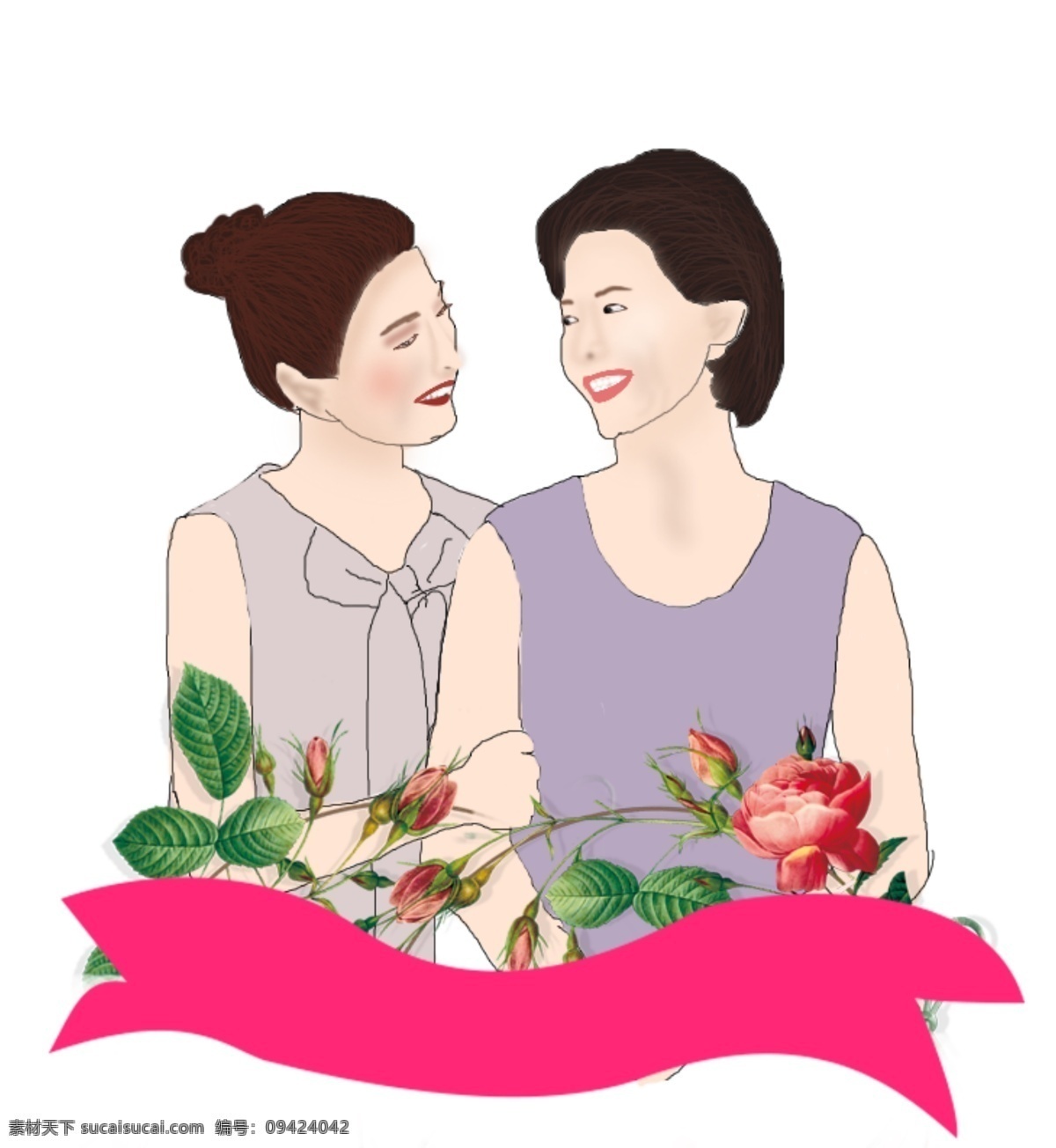 母亲节 节日 绘画 人物 母亲 女儿 花 树叶 绘画人物 节日素材