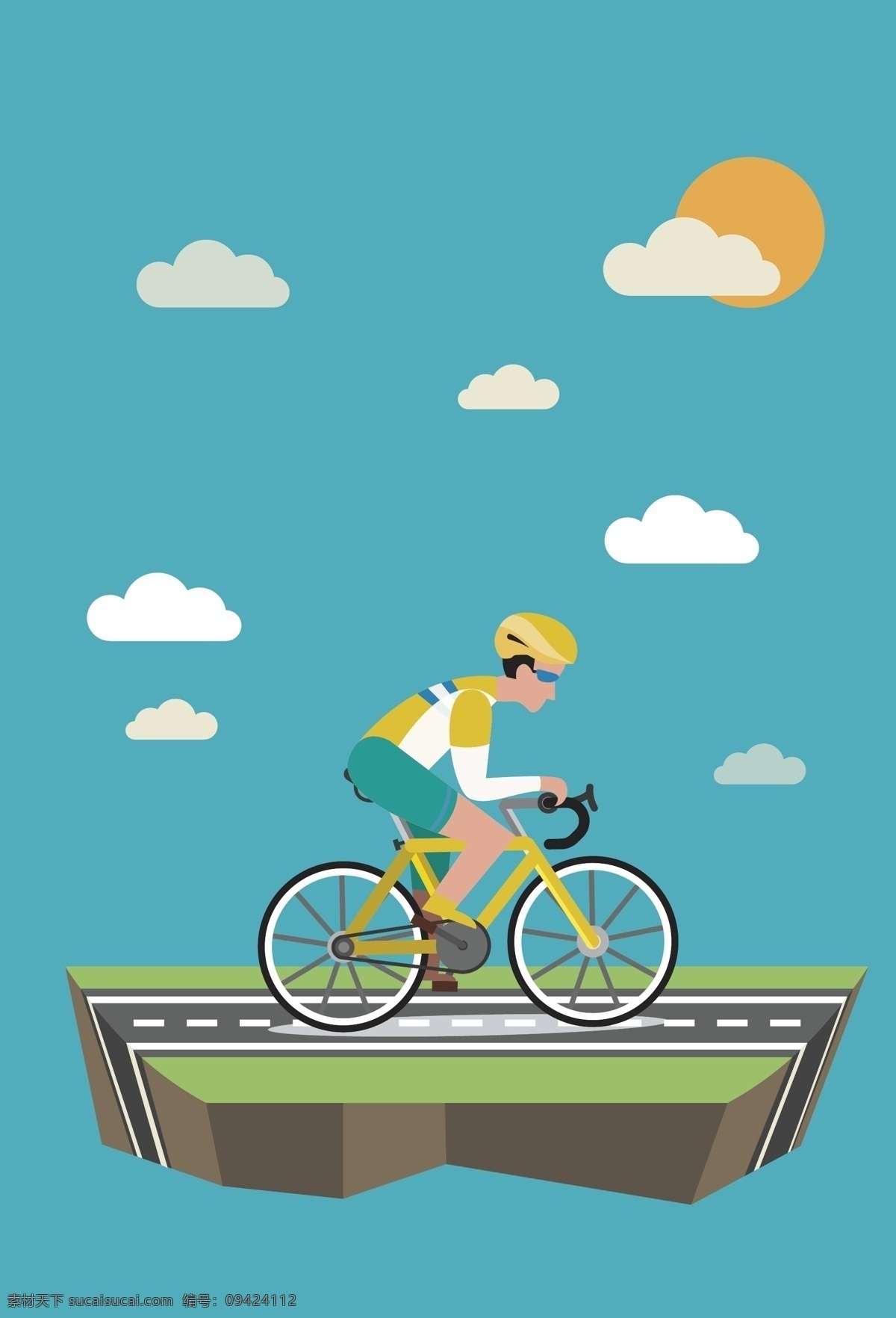 卡通 矢量 蓝 底 运动 海报 背景 蓝底 骑自行车 太阳 云朵 公路 海报背景