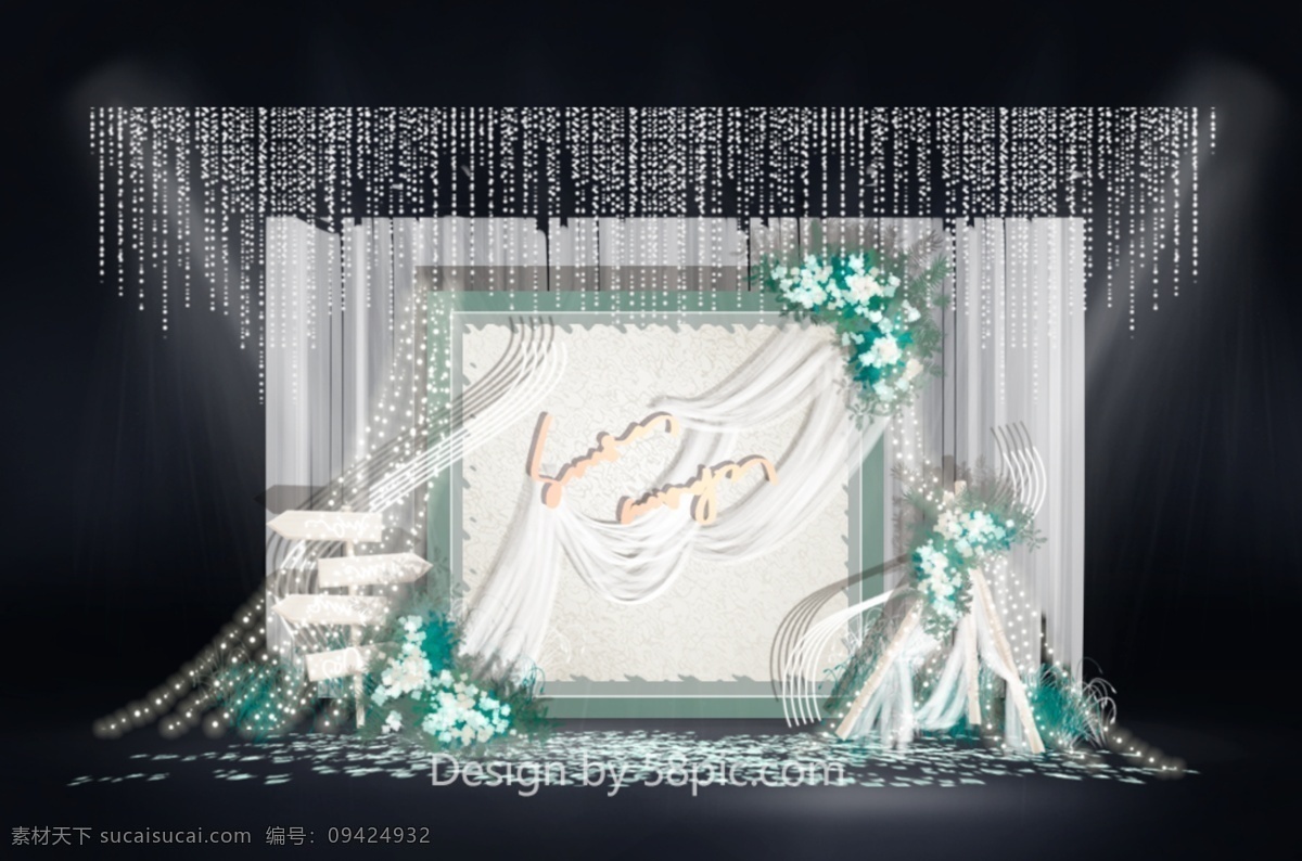 绿色 森 系 婚礼 效果图 指示牌 纱幔 布幔 花瓣 森系 白桦 水晶帘 婚礼迎宾区
