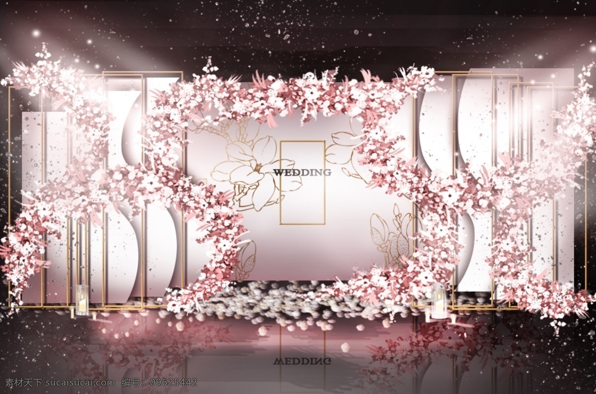 粉色 婚礼 合影 区 效果图 线条 花瓣 浪漫 唯美 层次 金框 蜡烛 花艺造型 婚礼效果图 婚礼合影区