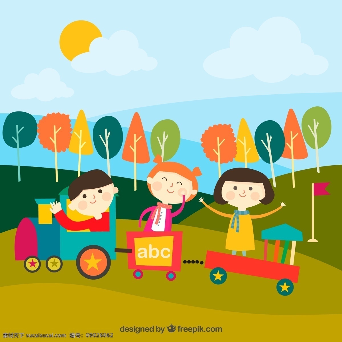 卡通 坐 玩具 火车 儿童 3个 天空 云朵 太阳 树 人物 动漫动画 动漫人物