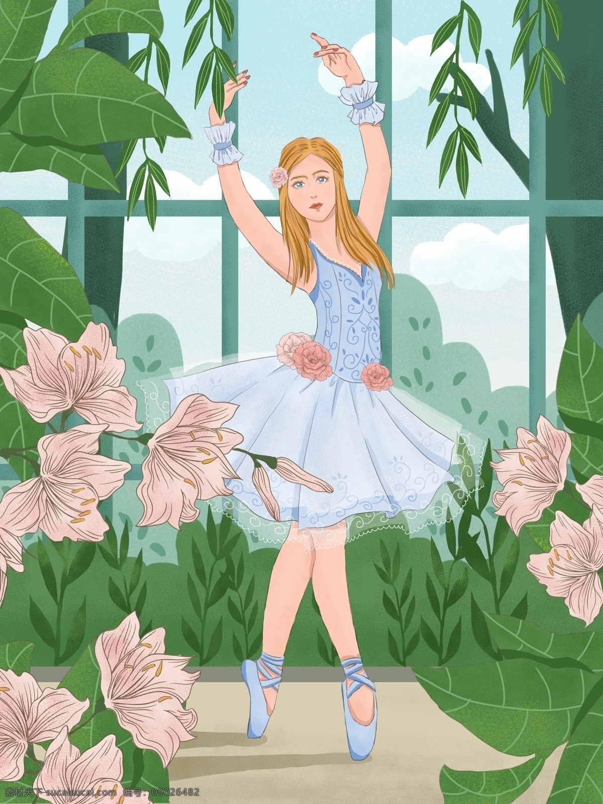 窗前 跳 芭蕾舞 女孩 手绘 插画 绿色 商业 运动 蓝色 舞蹈 小清新 写实 细腻 百合花 肌理