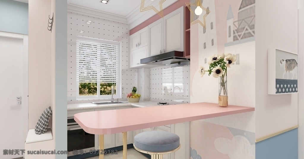 厨房 效果图 餐桌 花朵 柜子 餐具 室内效果图 3d设计 3d作品