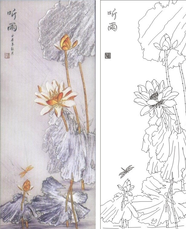 听雨 荷花 莲花 蜻蜓 艺术玻璃 白描 线稿 工艺玻璃 彩雕玻璃 矢量 刻绘 雕刻 激光图 隔断 背景 电视背景 国画 玄关 建筑家居