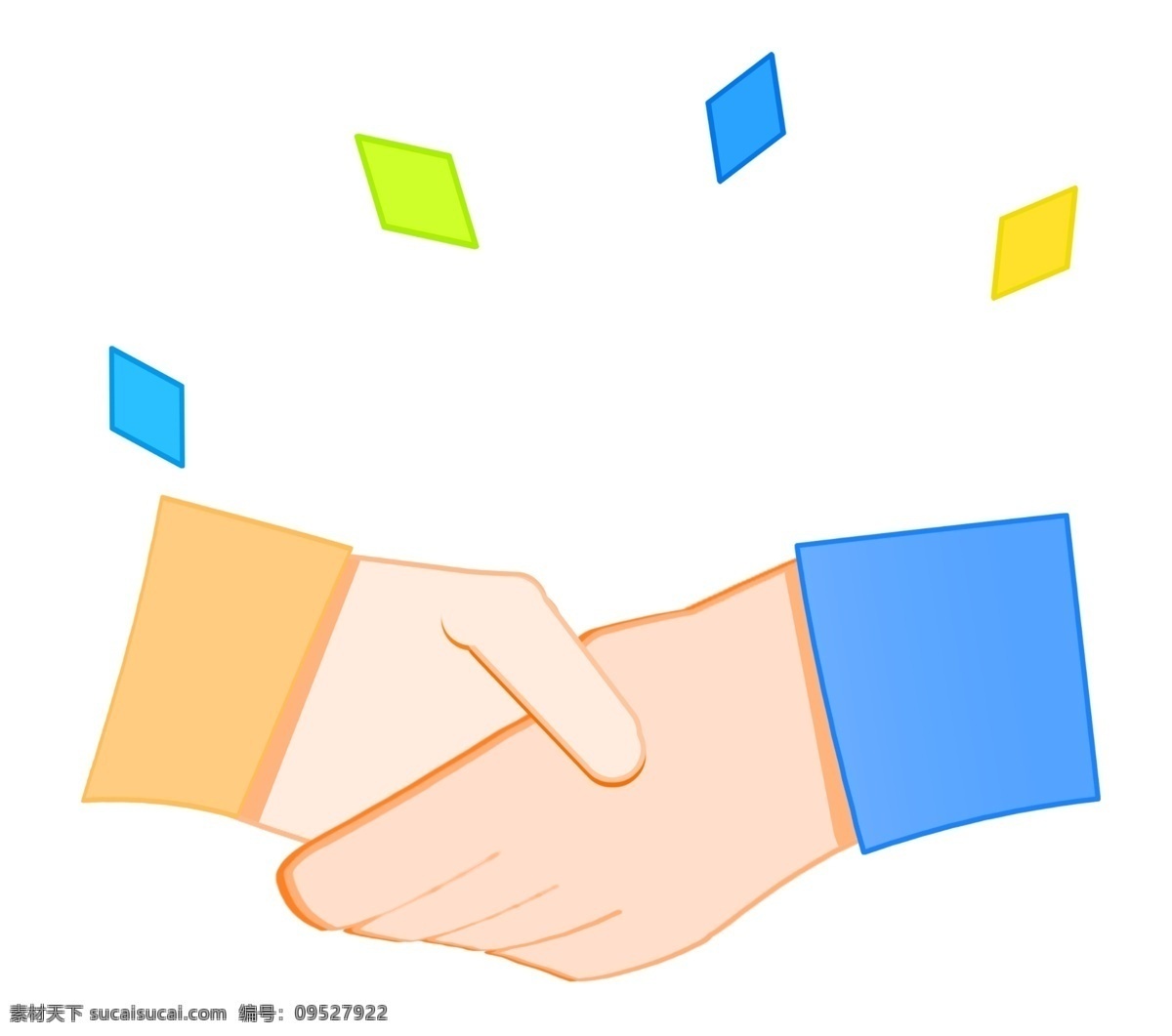 招聘人才 握手 插画 彩色的纸片 两个人握手 蓝色的袖口 橘黄色袖口 卡通合作装饰 招聘人才插画