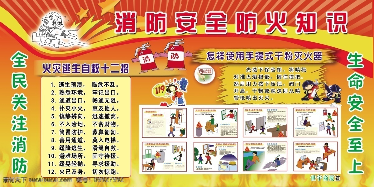 消防 安全 版面 图 红背景 底纹 消防卡通人 消防灭火器 怎样 使用 手提式 干粉 灭火器 火 火灾 逃生 自救 十 二 招 展板模板 广告设计模板 源文件