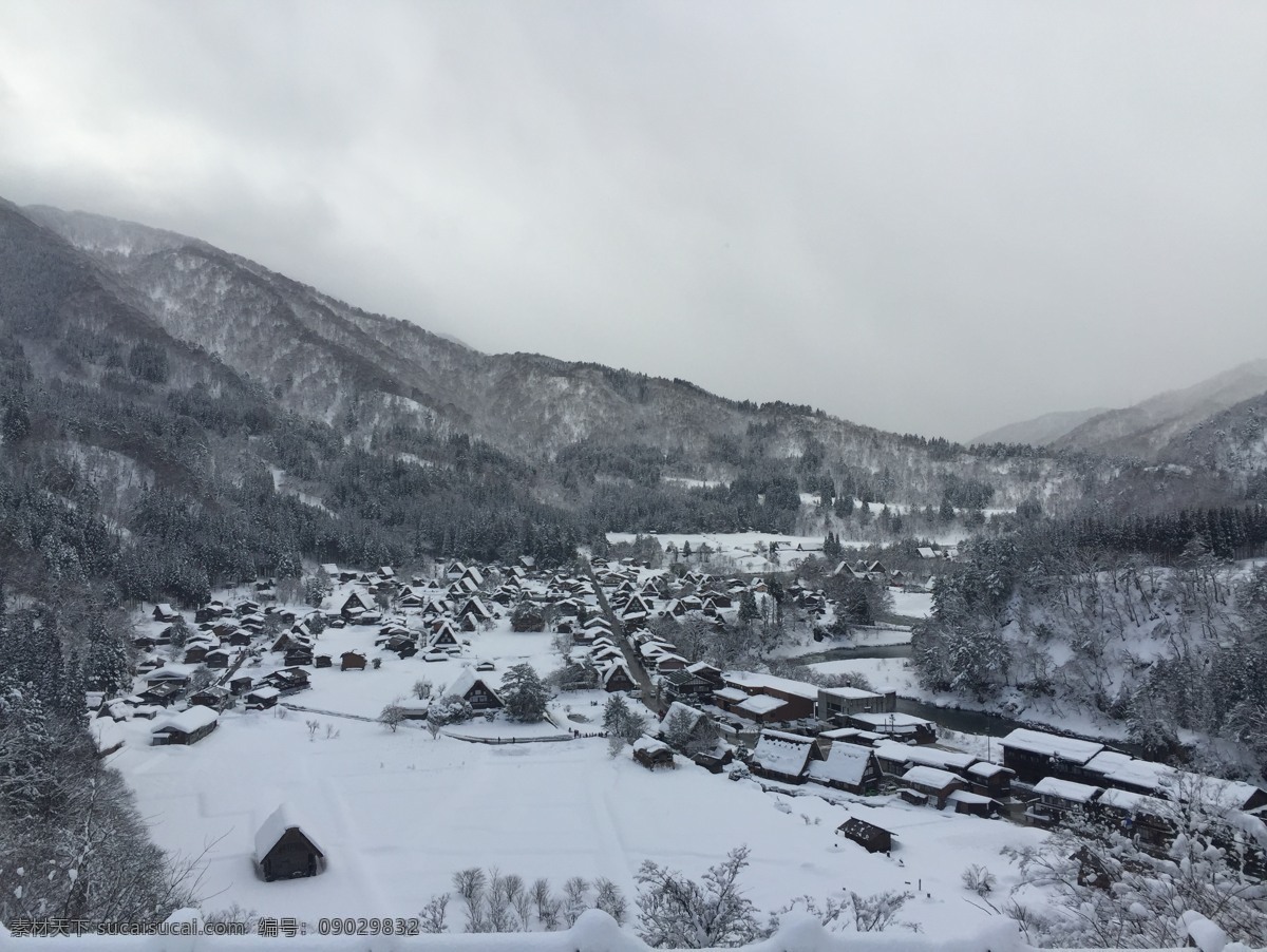 日本 白川乡 雪景 风景 全景 自然景观 风景名胜