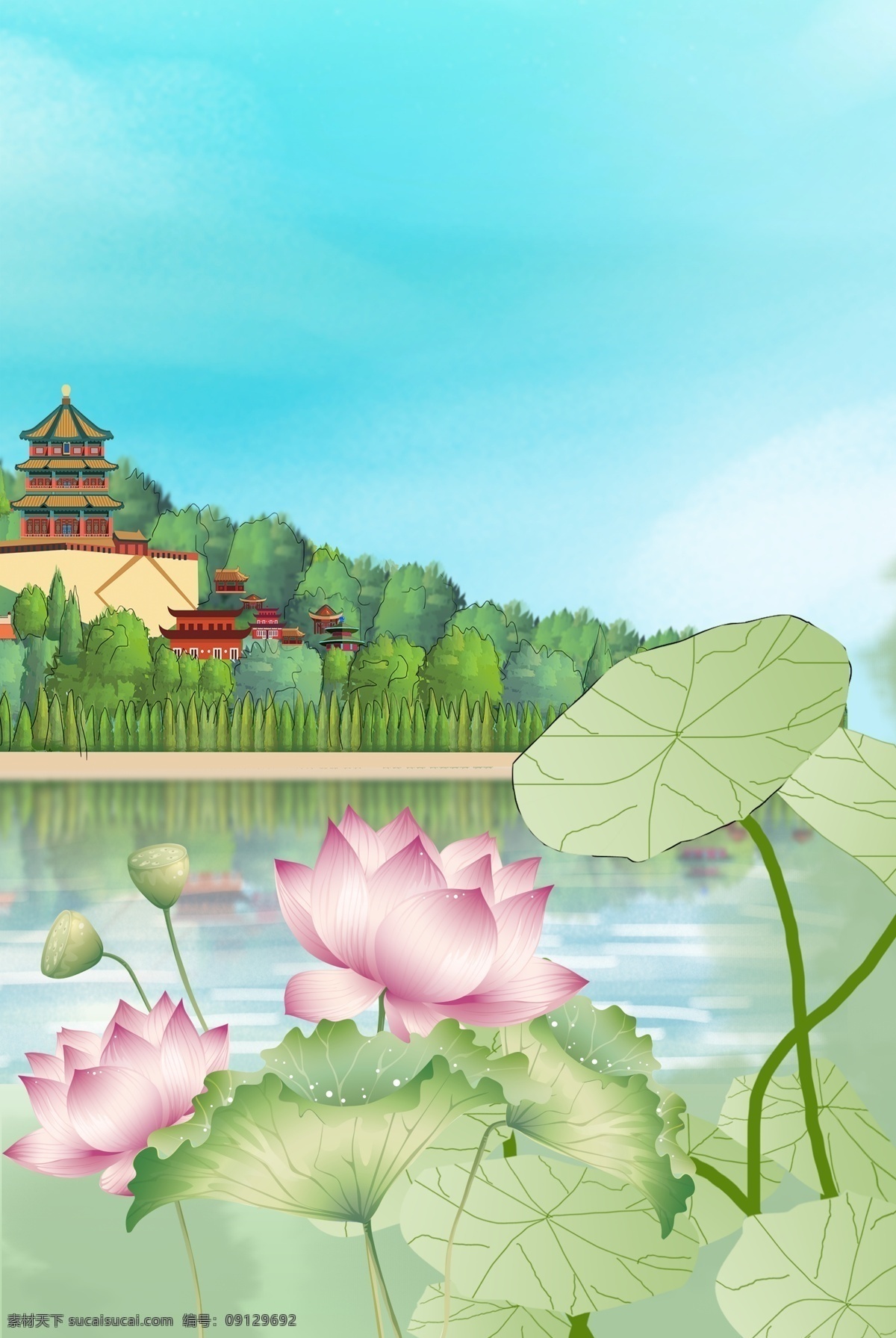 创意 绿色 湖边 风景 合成 背景 自然风景 简约 亭子 春天 树木 天空 白云 卡通
