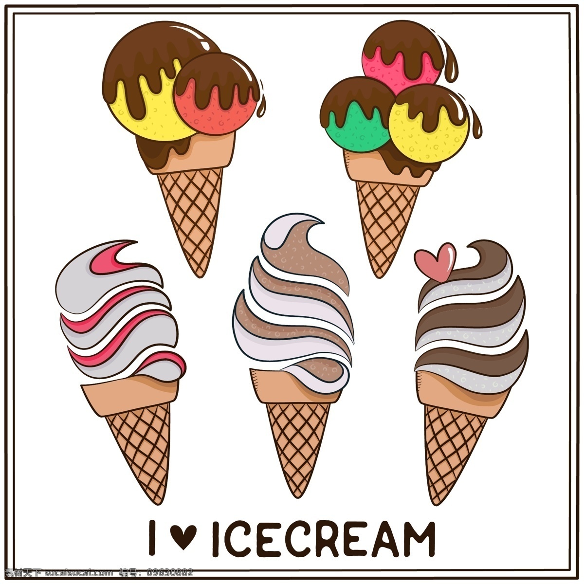 我喜欢 冰淇淋 背景 食物 爱情 夏天 平坦 冰 甜 甜点 奶油 吃 季节 收集 美味 味道 夏季 冷却 清爽