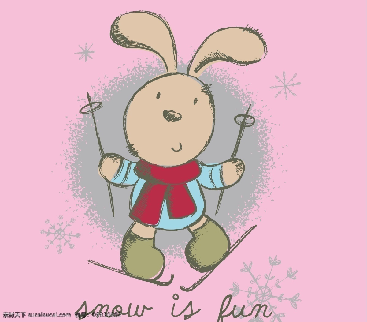 滑雪 兔子 极限运动 卡通设计 卡通图案 卡通形象 可爱兔子 手绘插画 速度 滑雪的兔子 快乐假日 矢量 插画集