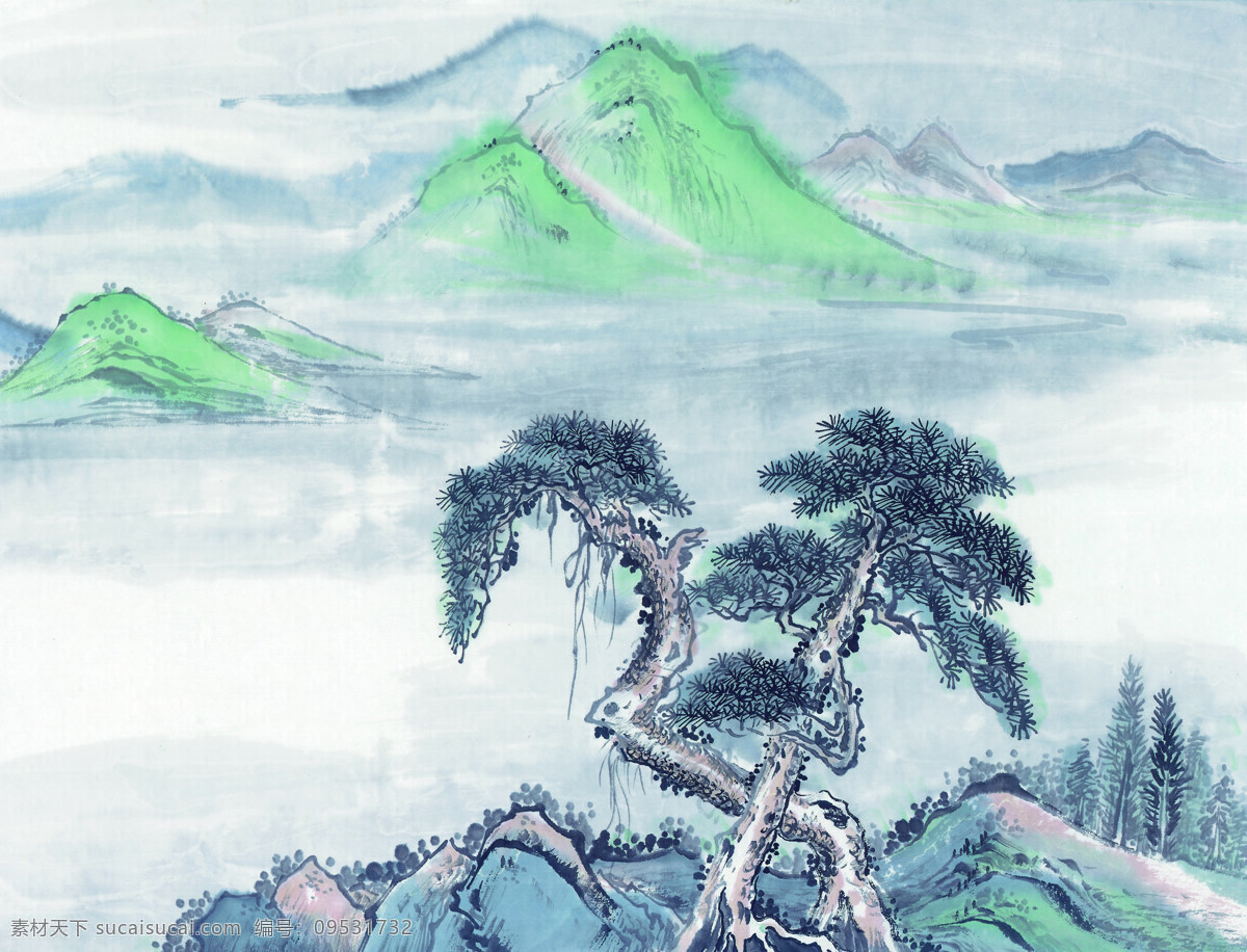 中国 国画 篇 山水 水墨 丹青 远山 劲松 山石 文化艺术 绘画书法