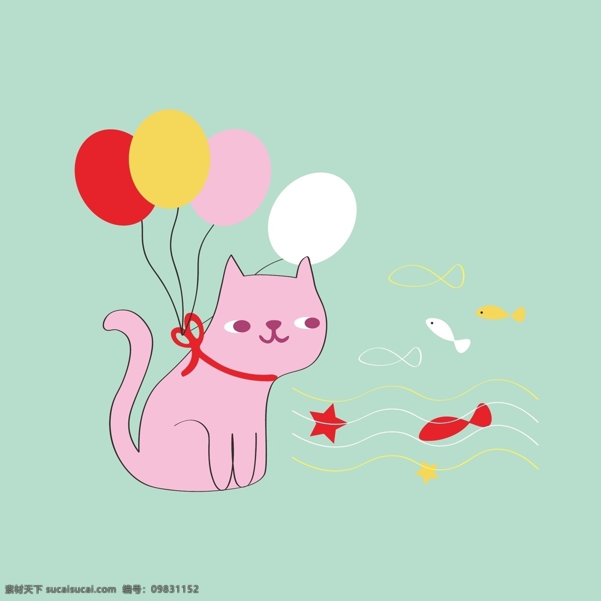可爱 猫咪 气球 矢量 鱼 猫 卡爱 动物