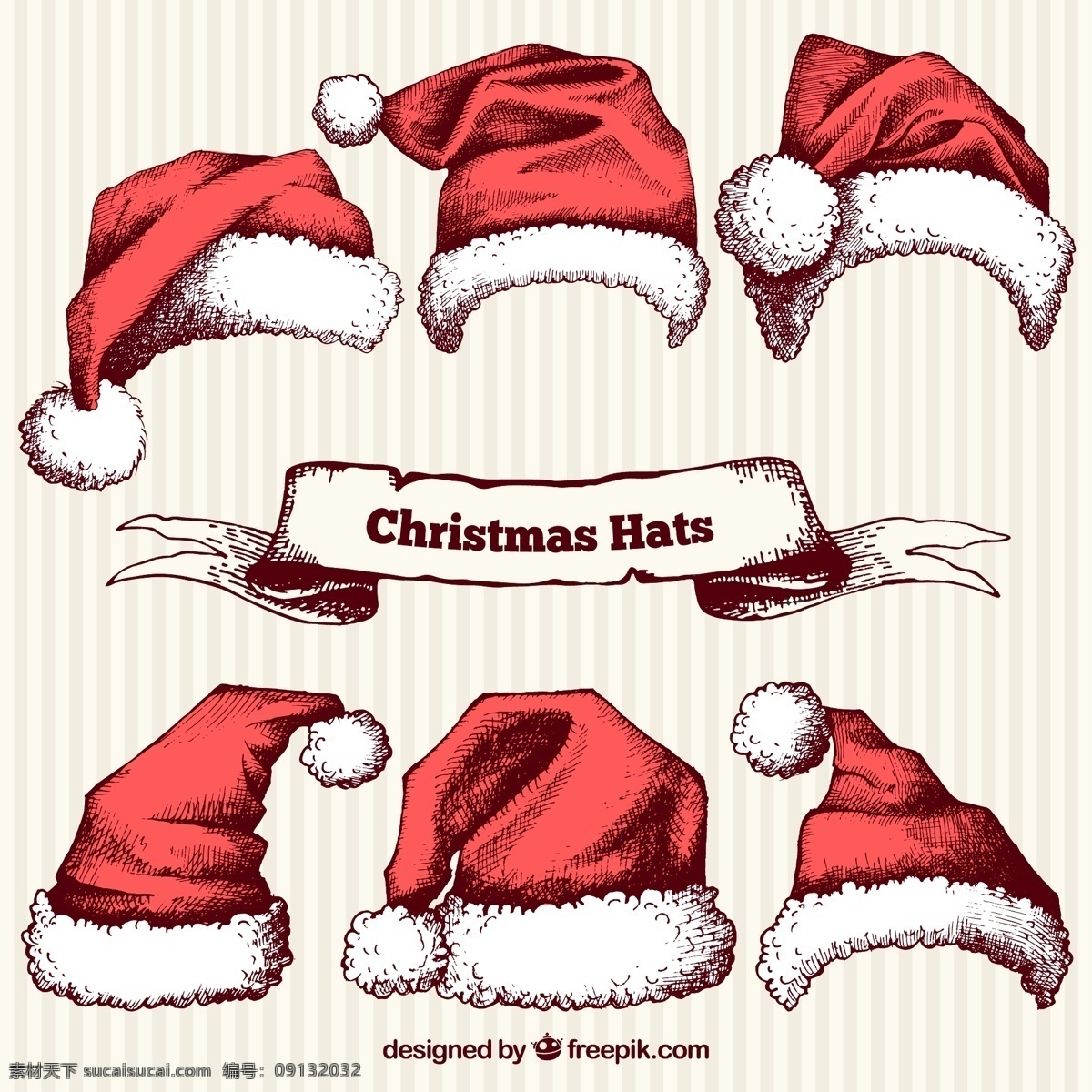 手绘 红色 圣诞 帽 矢量图 圣诞节 圣诞帽 条纹 丝带 条幅