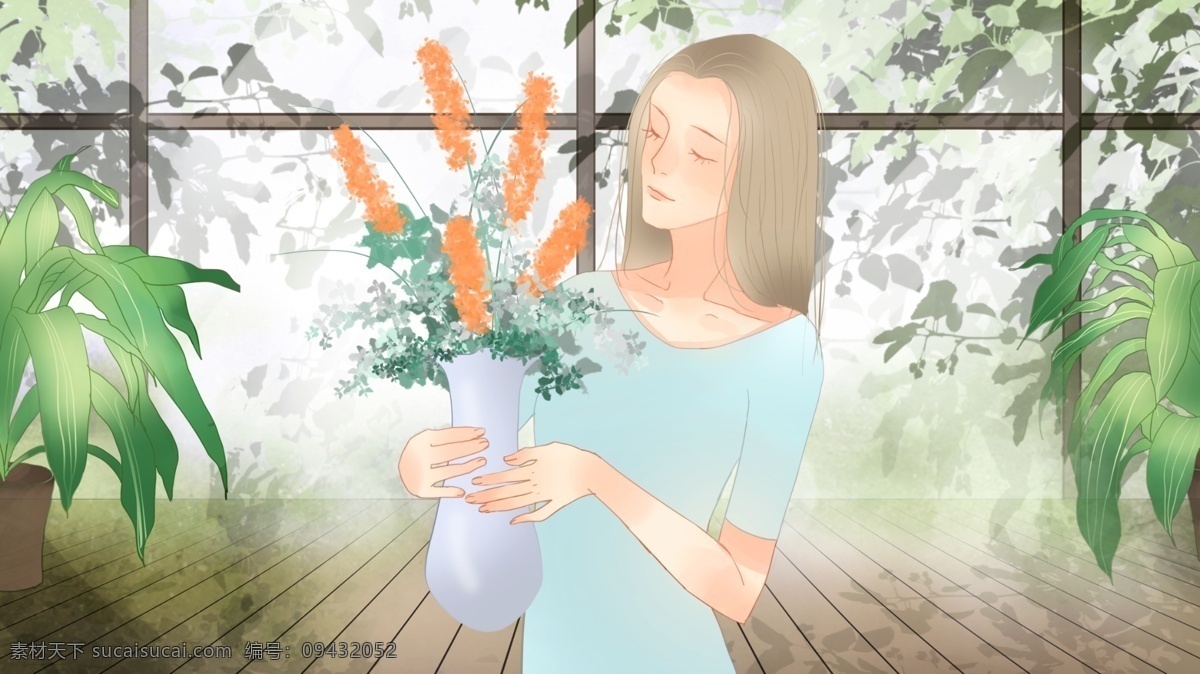 清新 简约 居家生活 抱 花瓶 女孩 花束 植物 生活方式 女生 绿植