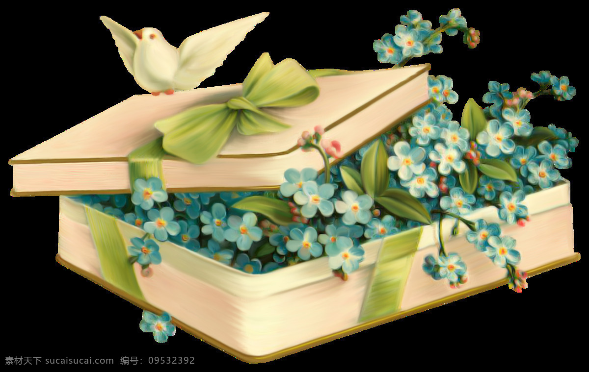 手绘 小鸟 站 盖子 上面 透明 蓝色 小花 盒子 蝴蝶结 绿色 免扣素材 装饰素材