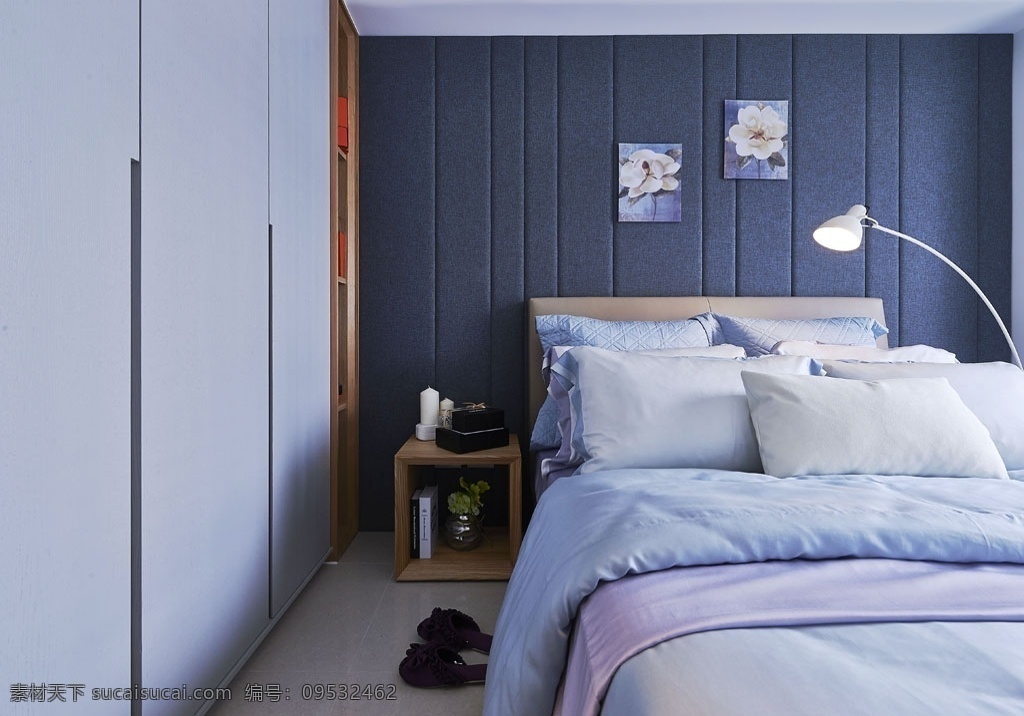 简约 时尚 卧室 壁画 装修 效果图 灰色床头背景 床铺 床头柜 台灯 白色衣柜