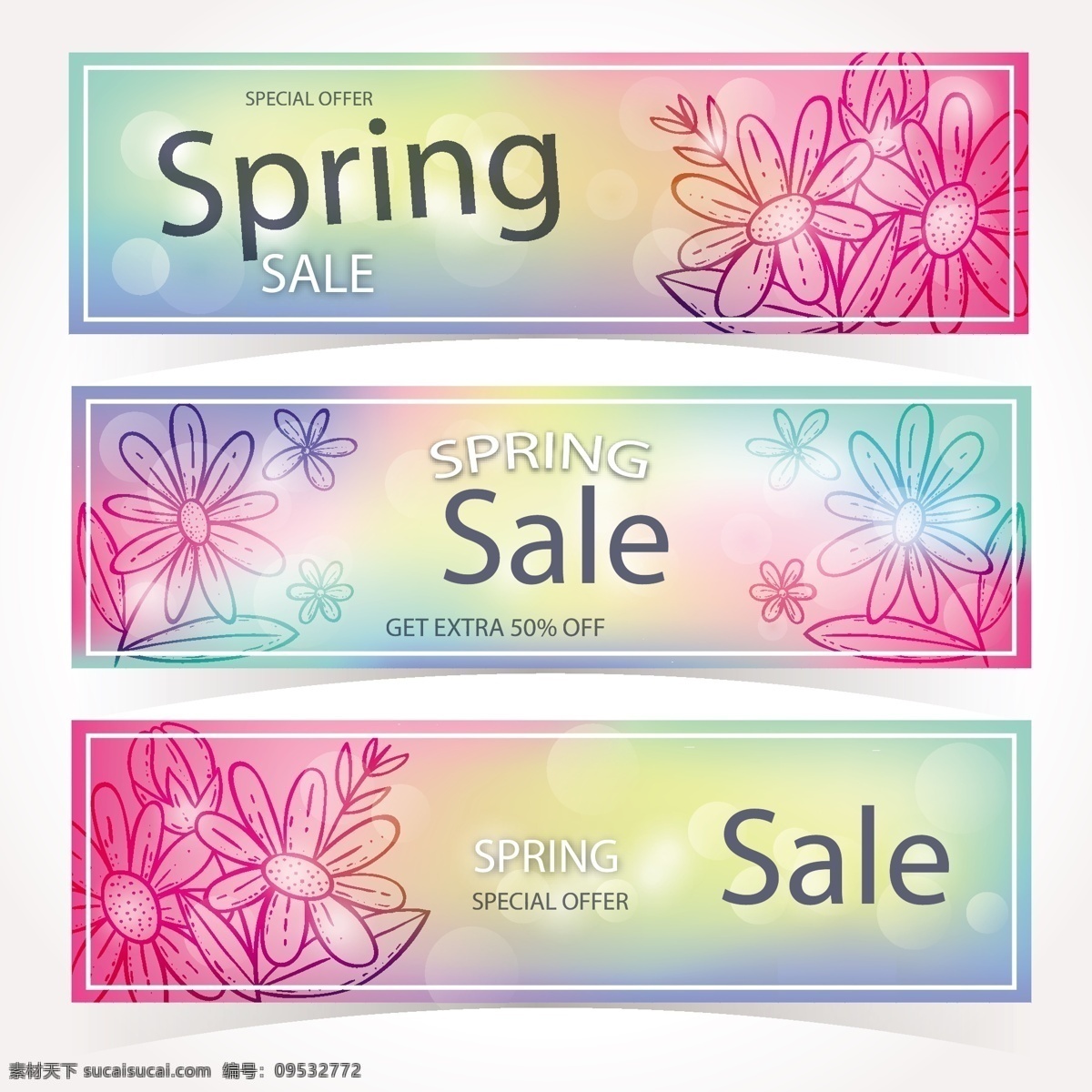 三个 闪亮 春季 销售 横幅 花纹 banner 卡片 彩色 花卉卡通 矢量