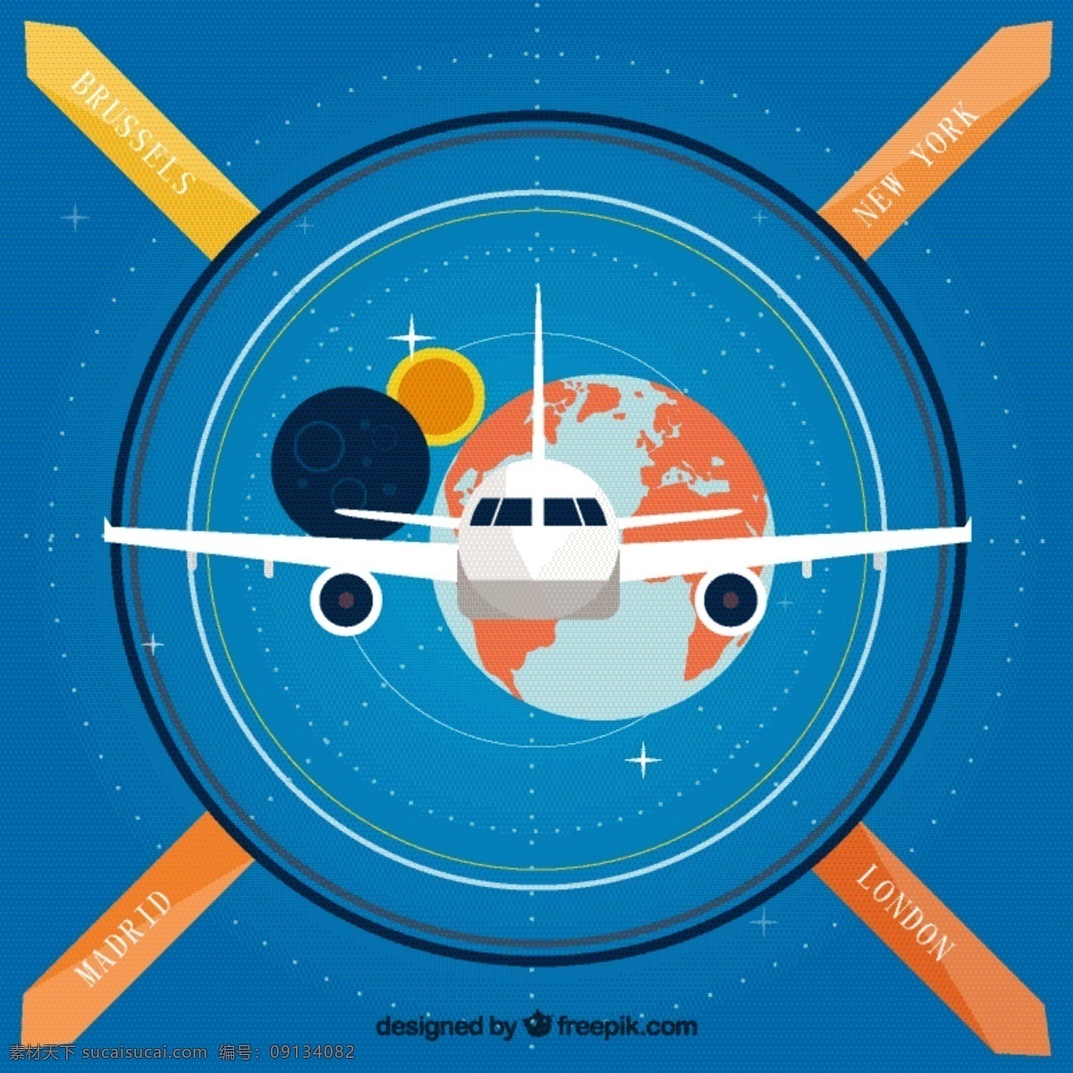 环球 商务 飞机 插画 矢量图 蓝色 海报 背景 扁平
