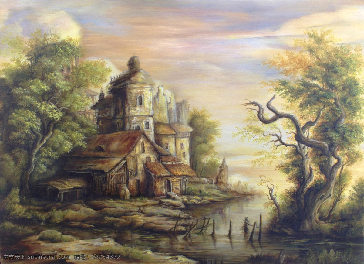 池塘 风景 风景画 风景油画 复古风格 挂画 河流 绘画 油画 中世纪 风情 设计素材 模板下载 中世纪风情 油画风景 艺术 油画艺术 古风油画 复古油画 木屋 破屋 树木 天空 西方油画 景色 欧美油画 油画作品 绘画书法 文化艺术 装饰素材 山水风景画