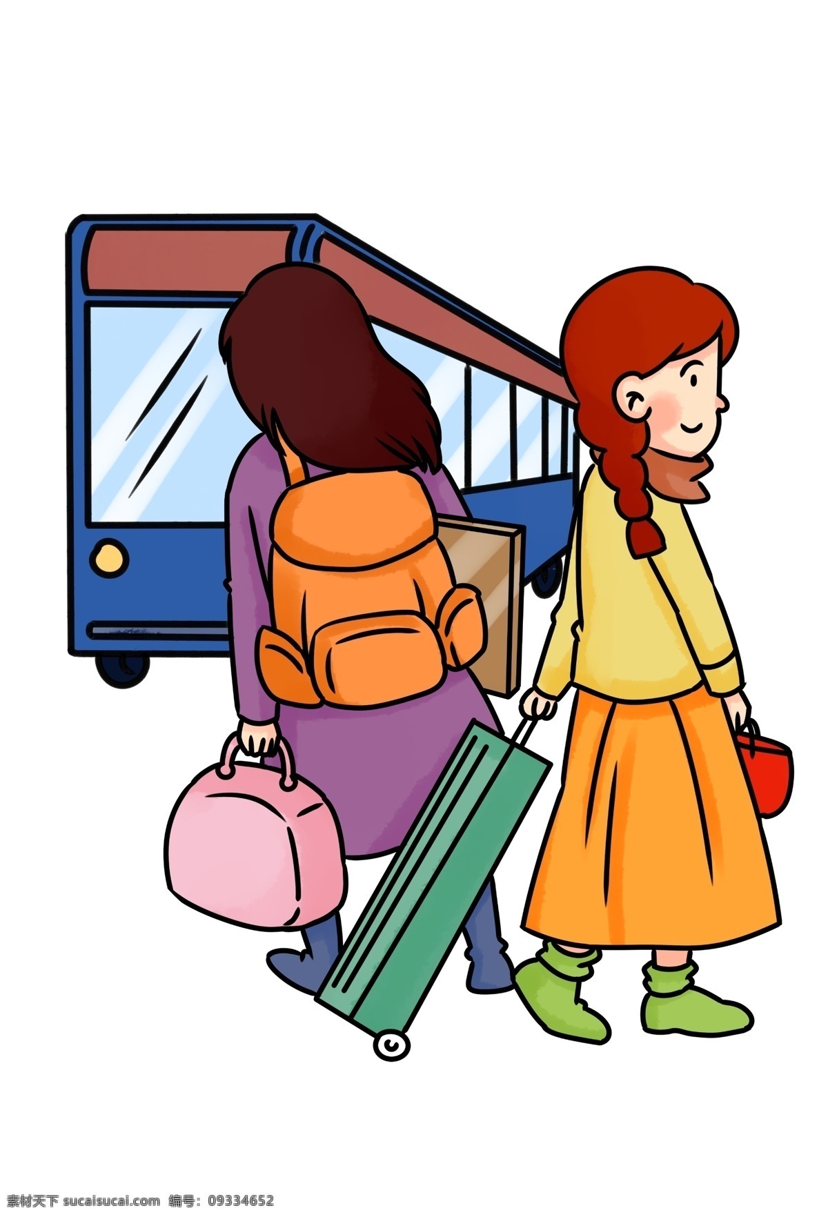 手绘 正在 坐 公交 人物 插画 公交车 手绘人物插画 女士裙子 春运 粉色行李包 绿色行李箱 蓝色公交差